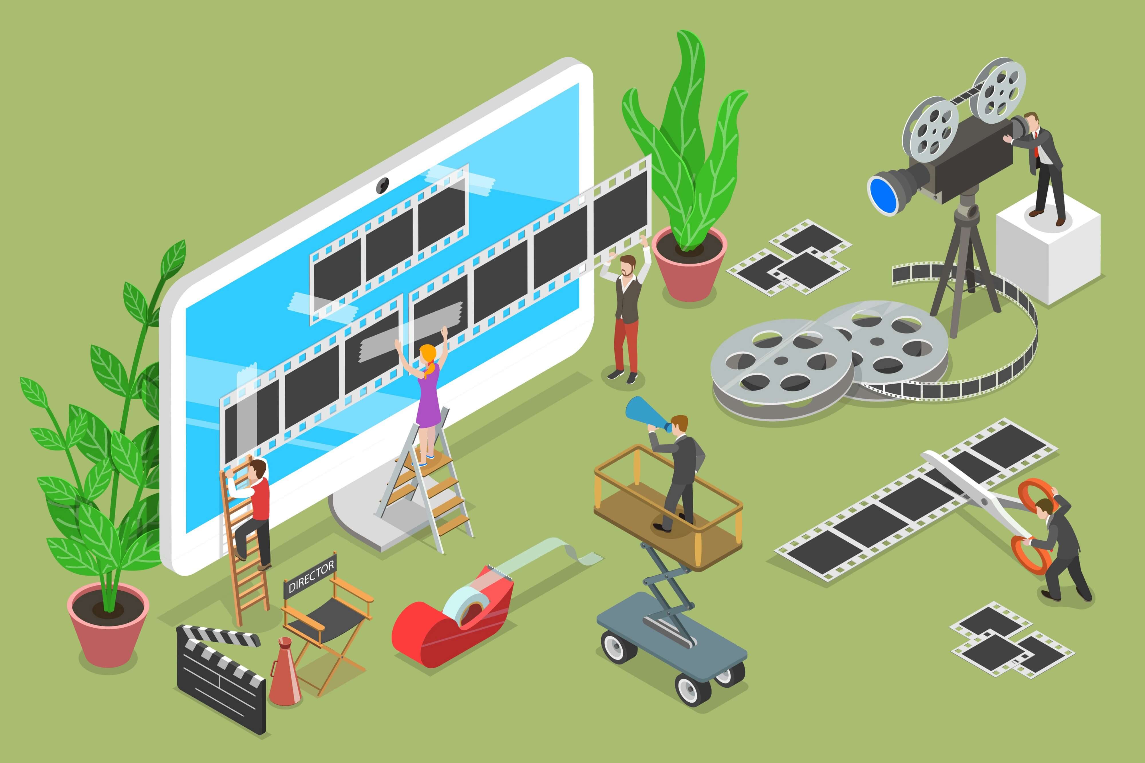 Cartoon image of people designing video for a landscape mobile device — video recording/shooting/cutting, and directing