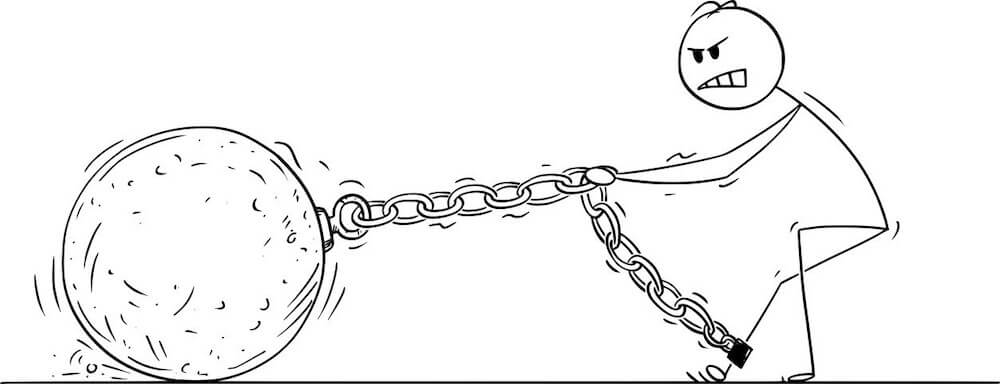 line drawing of angry person dragging heavy ball by the chain attached to his leg