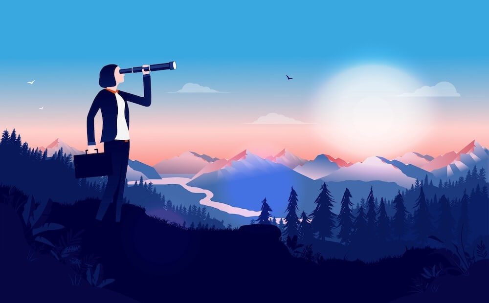 A cartoon of a woman in a dark suit holding a briefcase and using a telescope to look out over a wilderness vista