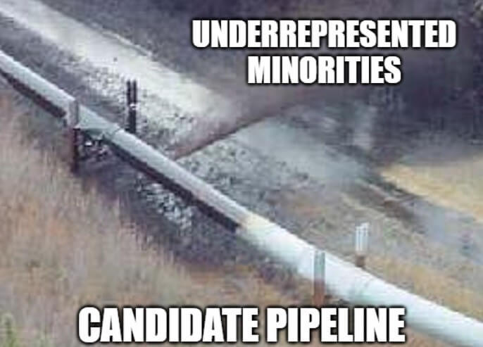Ruptured pipeline labeled “Candidate Pipeline”. Where the oil is spilling out “Underrepresented Minorities”
