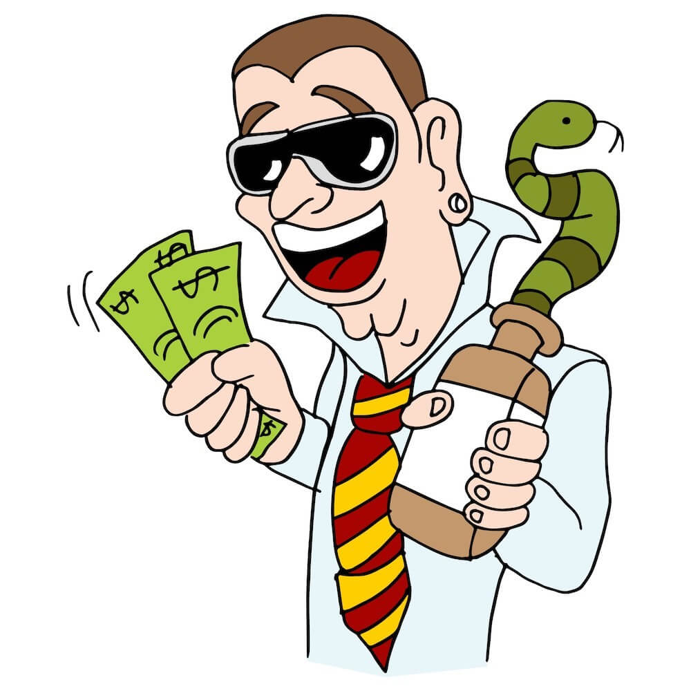 Cartoon of man holding money in one hand, and a bottle of oil with a snake coming out of it in the other
