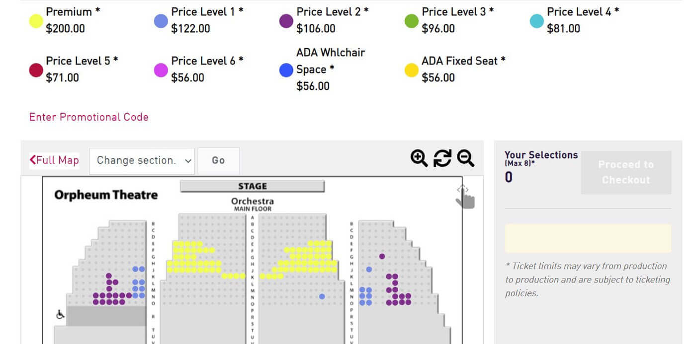Seating chart for SF Broadway showing of rent. ADA Wheelchair prices are equal to the lowest price in the house.