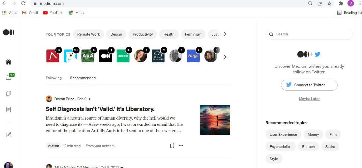 Screenshot of Sheri Byrne-Haber’s medium home page with new three column format