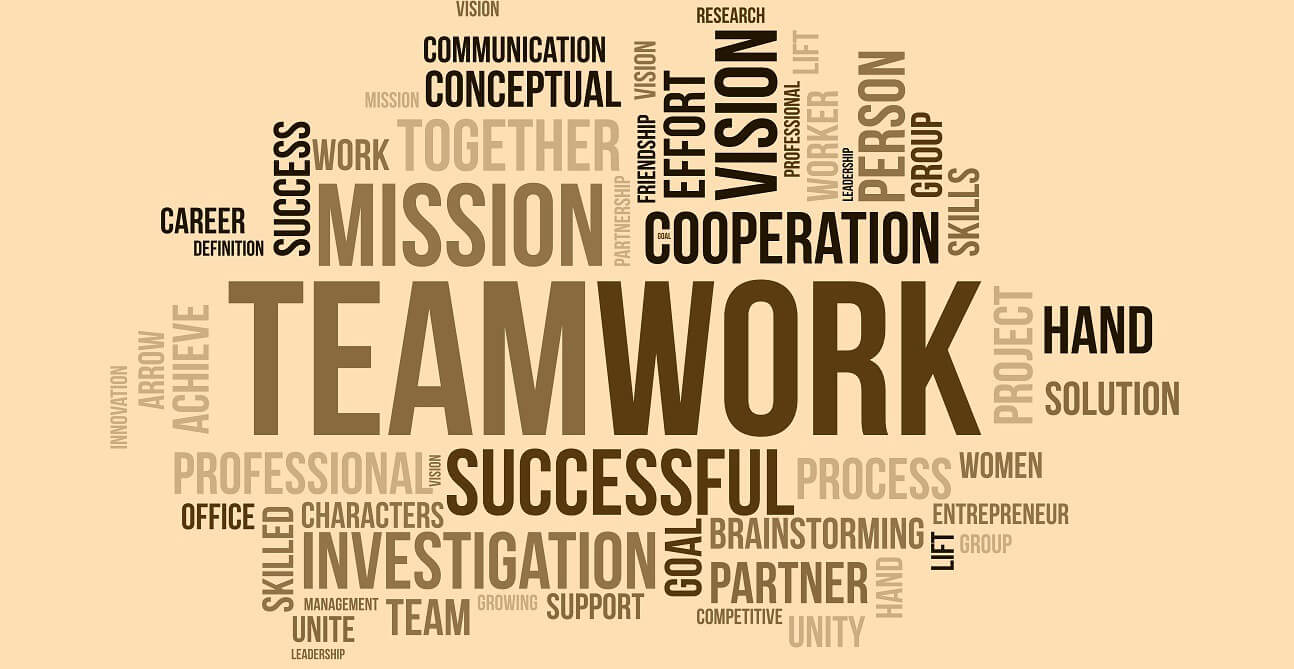 Wordcloud with “Teamwork” in the center other words include successful, mission, partner, cooperation, communication, effort, vision, brainstorming, and unity